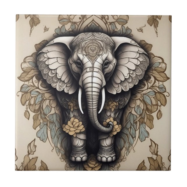 Majestic Elephant Mandala Ceramic Tile (Front)