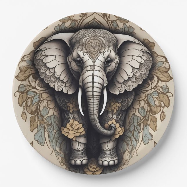 Majestic Elephant Mandala Paper Plates (Front)