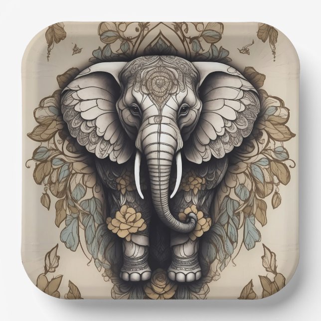 Majestic Elephant Mandala Paper Plates (Front)