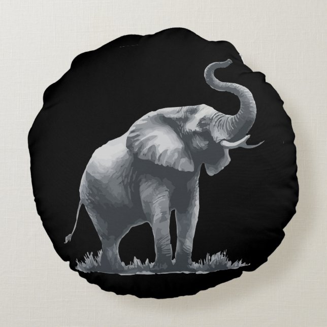 Majestic Elephant with Raised Trunk Grey Black  Round Pillow (Back)