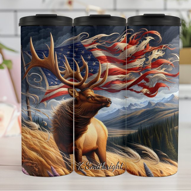 Majestic Elk American Flag Landscape Thermal Tumbler (Creator Uploaded)