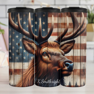 Majestic Elk American Flag Wood Thermal Tumbler