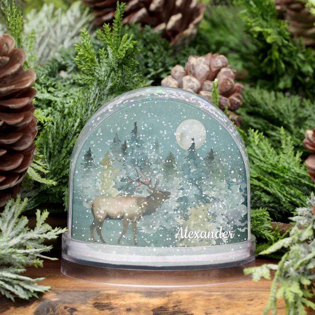 Majestic Elk Forest Full Moon Snow Watercolor Globe (Winter)
