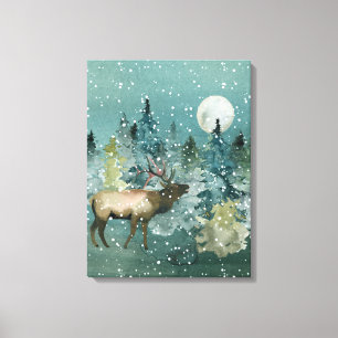Majestic Elk Forest Full Moon Snowfall Canvas Print