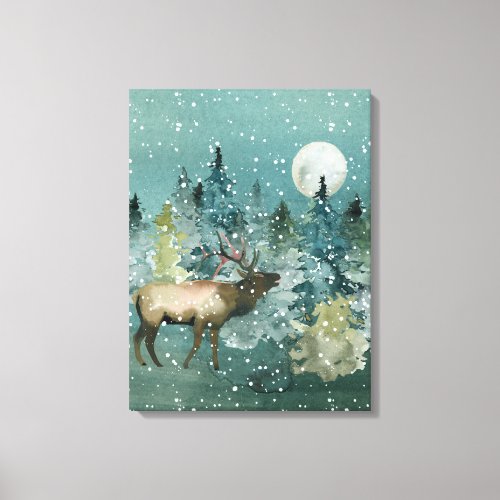 Majestic Elk Forest Full Moon Snowfall Canvas Print
