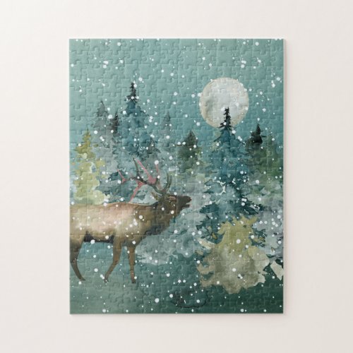 Majestic Elk Forest Full Moon Snowfall Jigsaw Puzzle