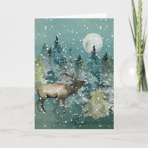 Majestic Elk Forest Full Moon Snowfall Watercolor Holiday Card