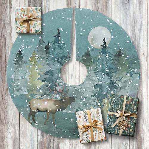 Majestic Elk in Forest Full Moon Snowfall Brushed Polyester Tree Skirt