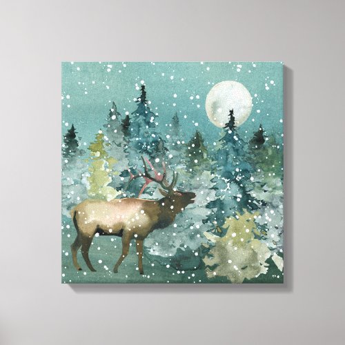 Majestic Elk in Forest Full Moon Snowfall Canvas Print