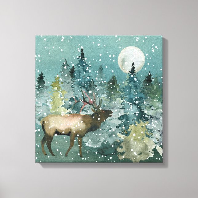 Majestic Elk in Forest Full Moon Snowfall Canvas Print (Front)