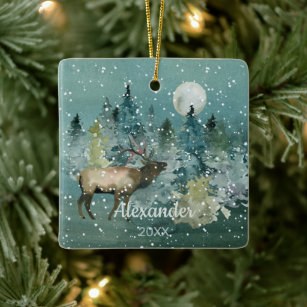 Majestic Elk in Forest Full Moon Snowfall Ceramic Ornament