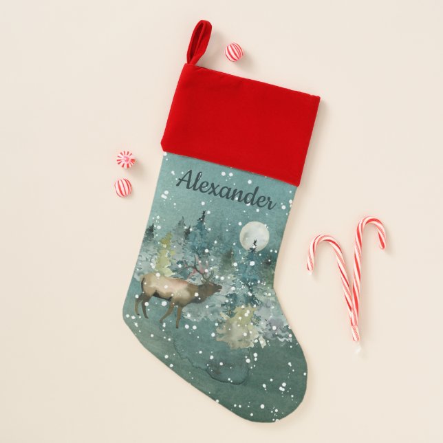 Majestic Elk in Forest Full Moon Snowfall Christmas Stocking (Front)