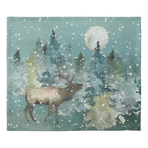 Majestic Elk in Forest Full Moon Snowfall Duvet Cover