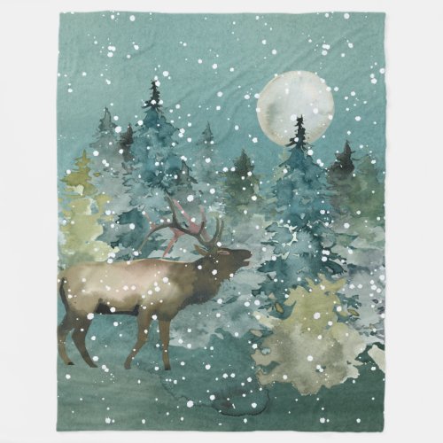 Majestic Elk in Forest Full Moon Snowfall Fleece Blanket