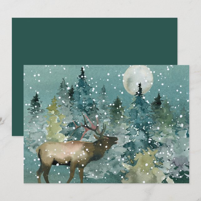 Majestic Elk in Forest Full Moon Snowfall Holiday Card (Front/Back)