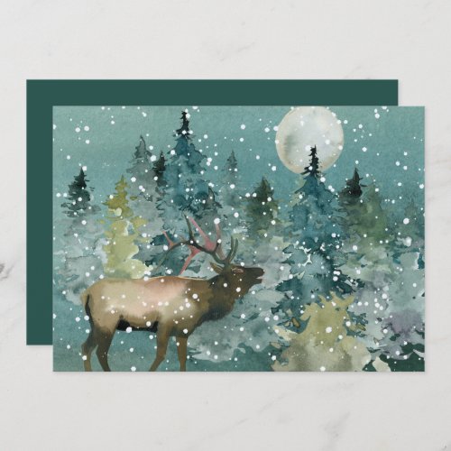 Majestic Elk in Forest Full Moon Snowfall Holiday Card