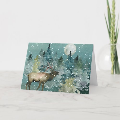 Majestic Elk in Forest Full Moon Snowfall Holiday Card