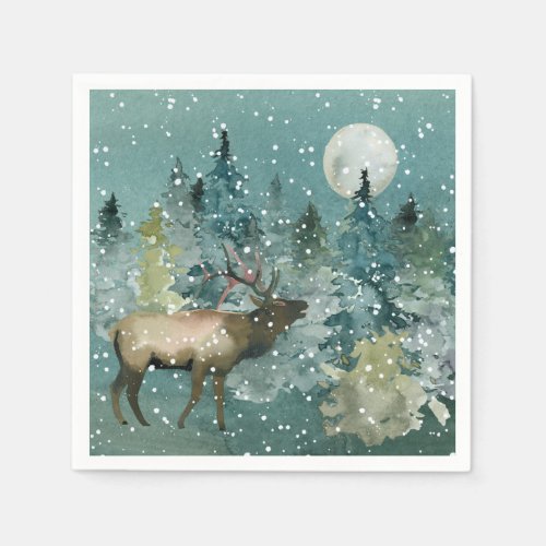 Majestic Elk in Forest Full Moon Snowfall Holiday Napkins