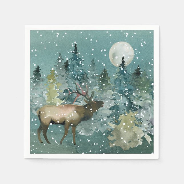 Majestic Elk in Forest Full Moon Snowfall Holiday Napkins (Front)