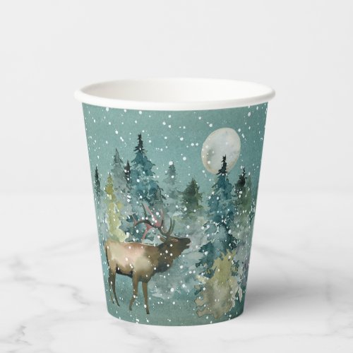 Majestic Elk in Forest Full Moon Snowfall Holiday Paper Cups