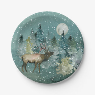 Majestic Elk in Forest Full Moon Snowfall Holiday Paper Plates