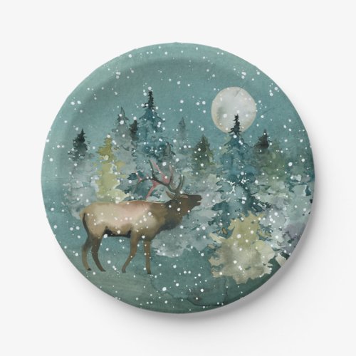 Majestic Elk in Forest Full Moon Snowfall Holiday Paper Plates
