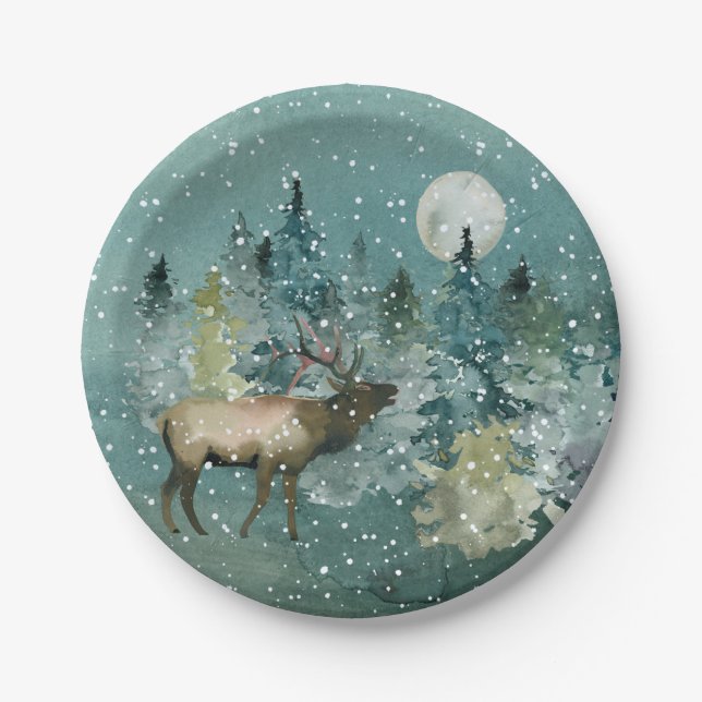 Majestic Elk in Forest Full Moon Snowfall Holiday Paper Plates (Front)