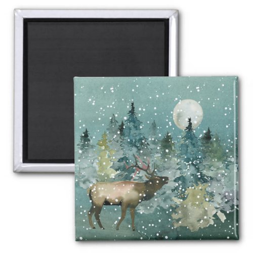 Majestic Elk in Forest Full Moon Snowfall Magnet