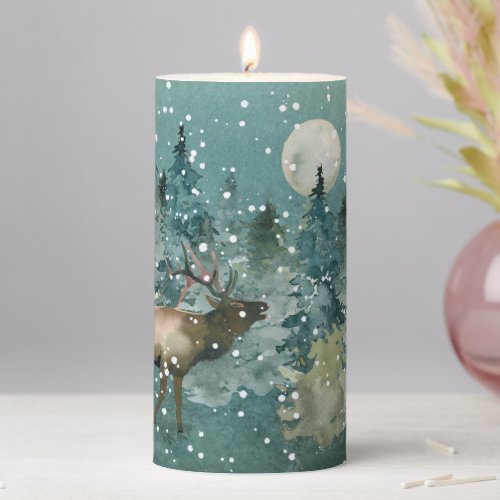Majestic Elk in Forest Full Moon Snowfall Pillar Candle