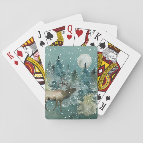 Majestic Elk in Forest Full Moon Snowfall Poker Cards