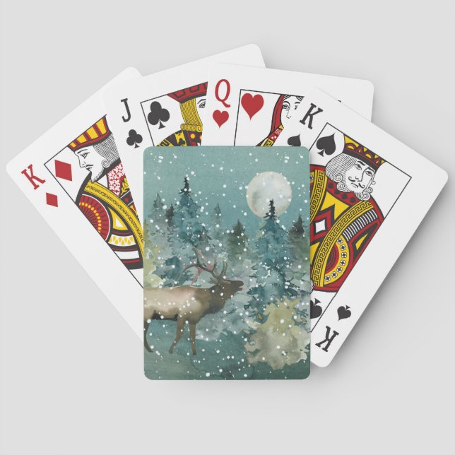 Majestic Elk in Forest Full Moon Snowfall Poker Cards (Back)