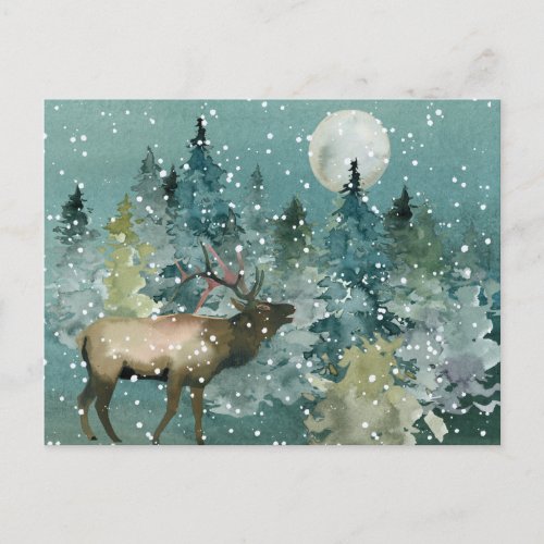 Majestic Elk in Forest Full Moon Snowfall Postcard