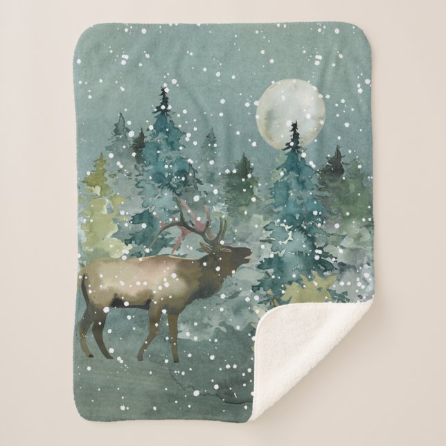 Majestic Elk in Forest Full Moon Snowfall Sherpa Blanket (Front)