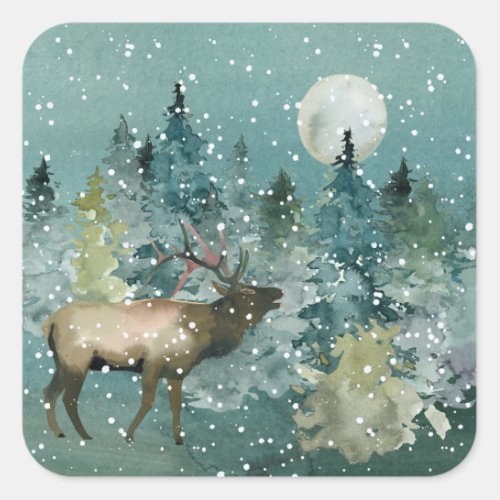 Majestic Elk in Forest Full Moon Snowfall Square Sticker