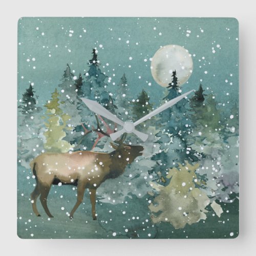 Majestic Elk in Forest Full Moon Snowfall Square Wall Clock