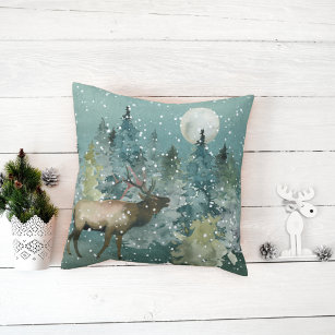 Majestic Elk in Forest Full Moon Snowfall Throw Pillow
