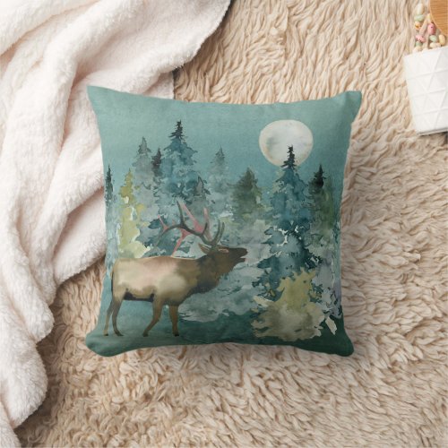 Majestic Elk in Forest Full Moon Throw Pillow