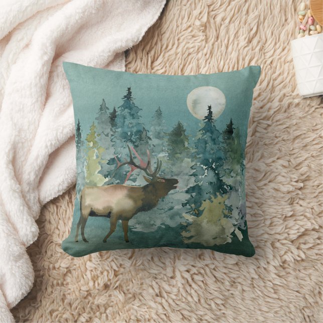 Majestic Elk in Forest Full Moon Throw Pillow (Blanket)