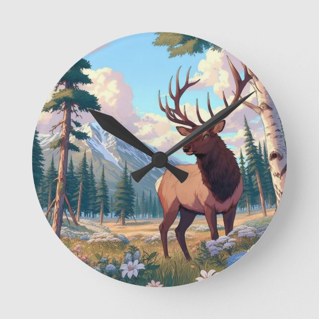 Majestic Elk in Mountain Wilderness Round Clock (Front)