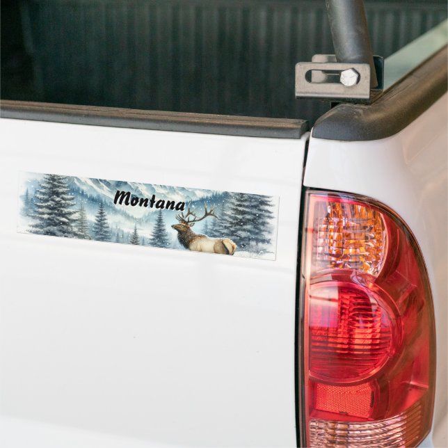 Majestic Elk in Snowy Montana Winter Wonderland Bumper Sticker (On Truck)