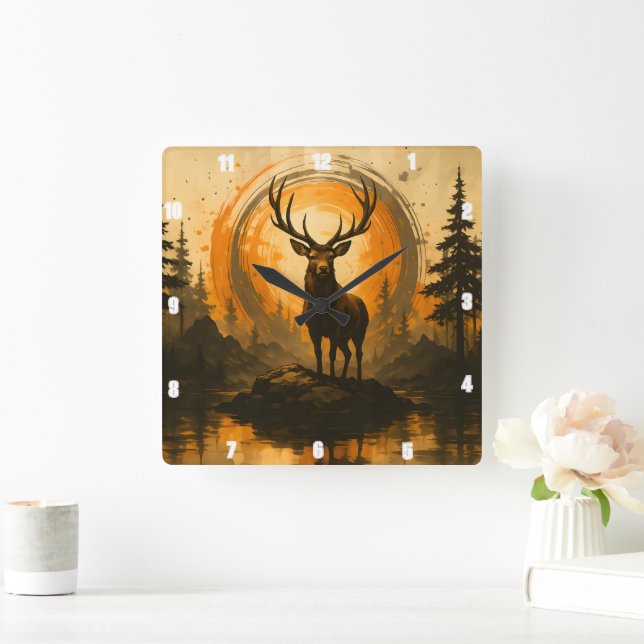 Majestic Elk Standing Proudly Rock Forest  Square Wall Clock (Home)