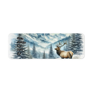 Majestic Elk Stands Amidst Snow-Covered Mountains Label