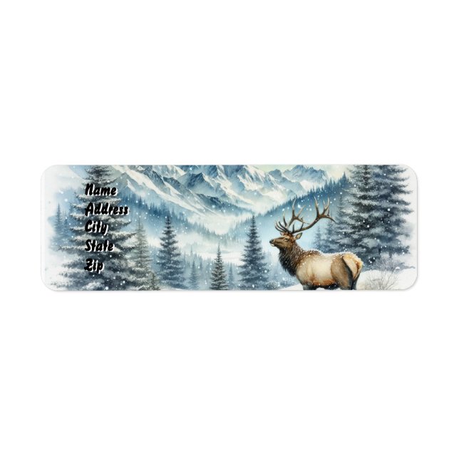 Majestic Elk Stands Amidst Snow-Covered Mountains  Label (Front)