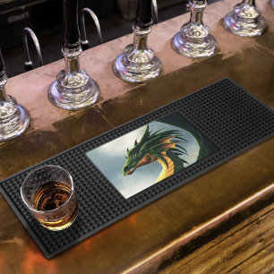 Majestic Emerald Green Dragon Fantasy Bar Mat