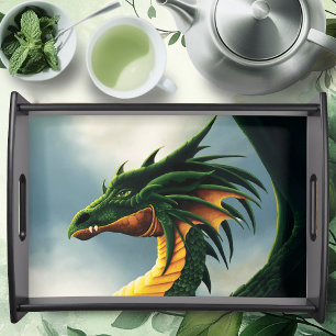 Majestic Emerald Green Dragon Fantasy Serving Tray