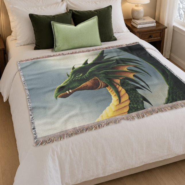 Majestic Emerald Green Dragon Fantasy Throw Blanket (Creator Uploaded)