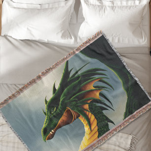 Majestic Emerald Green Dragon Fantasy Throw Blanket