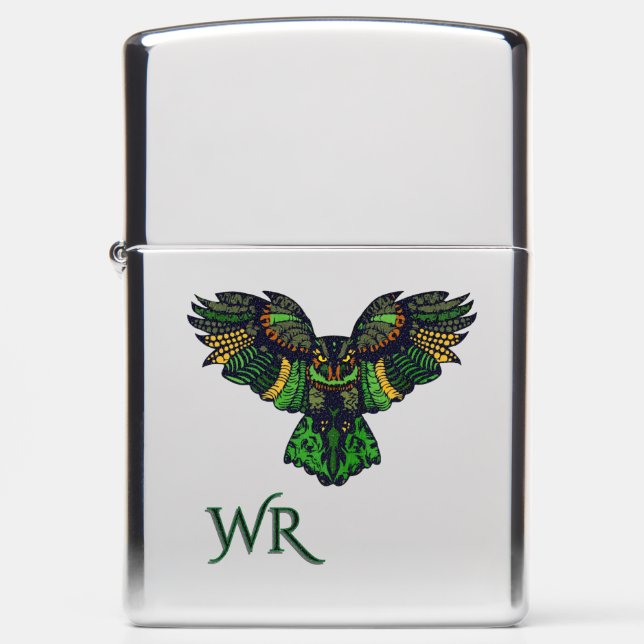 Majestic Emerald Owl Glass Monogram Zippo Lighter (Front)