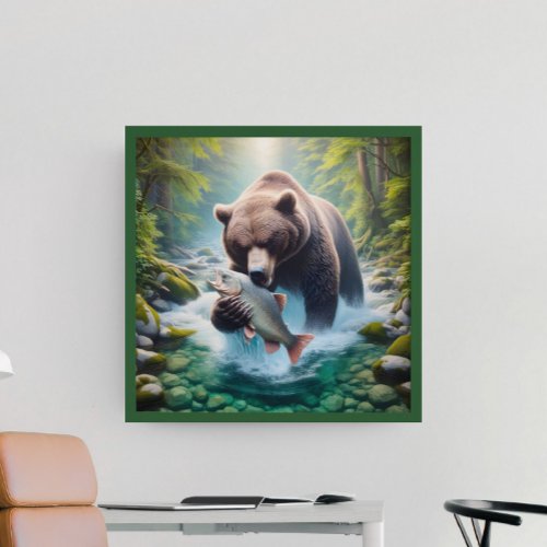 Majestic Encounter Bear and Fish in Stream Poster