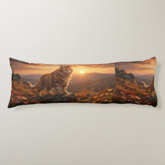 Majestic Fantasy Cat – A Golden Mountain Sunset Body Pillow